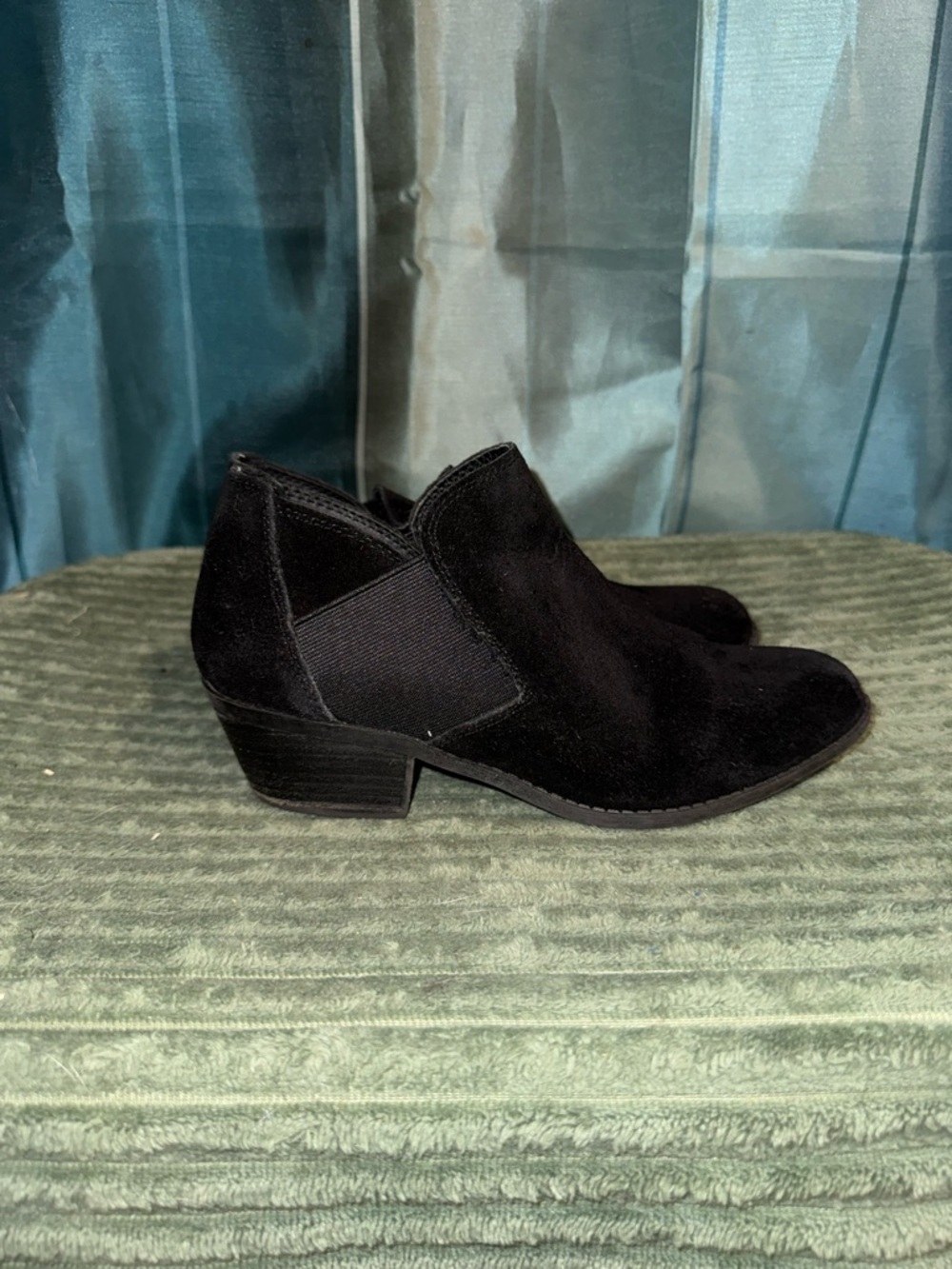 me too Black Suede Ankle Booties with Low Heel